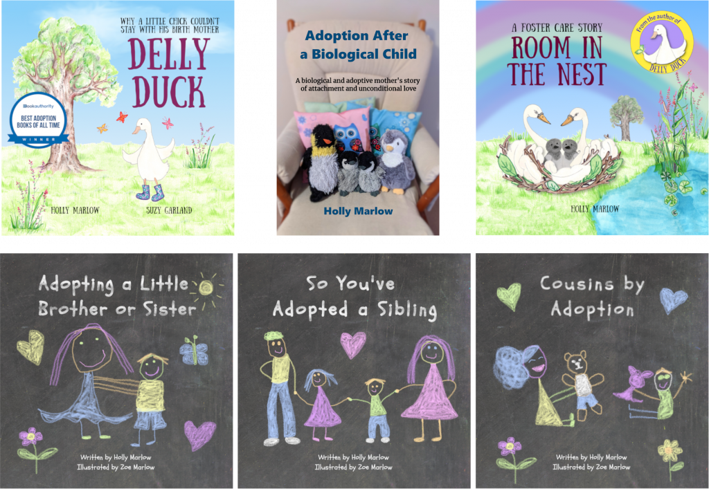 Images showing front covers of 6 of Holly's adoption and foster care books